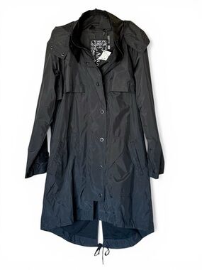 Anorak Rain Wind Jacket Black Hooded Longline Drawstring Waist Women’s Large